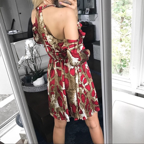 🆕 RED TAN SNAKE PRINT COLD SHOULDER SATIN DRESS - Picture 4 of 10